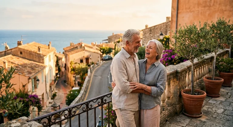 A retired couple smiling on a balcony overlooking a scenic coastal village at sunset.