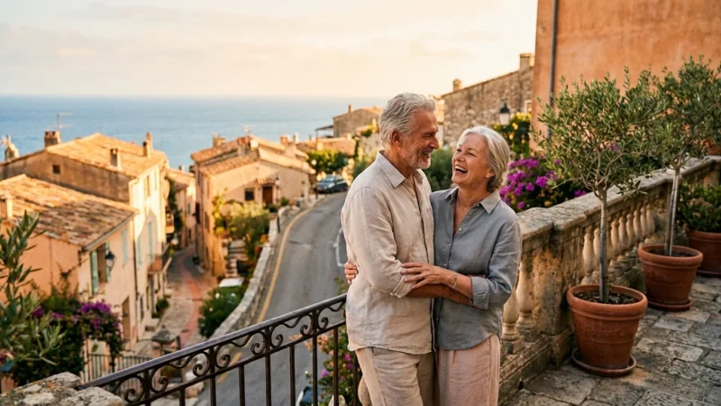 A retired couple smiling on a balcony overlooking a scenic coastal village at sunset.