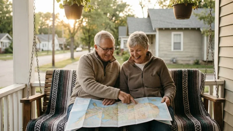 A retired couple smiling while looking at a map on a sunny porch.