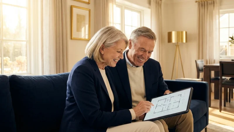 A retired couple smiling while looking at a tablet in a sunlit room.