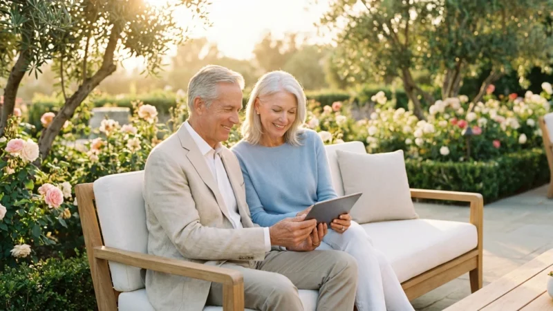A retired couple smiling while looking at a tablet on a sunlit patio.