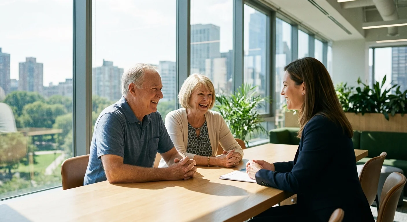 A retired couple talking to a financial advisor in a bright, modern office.