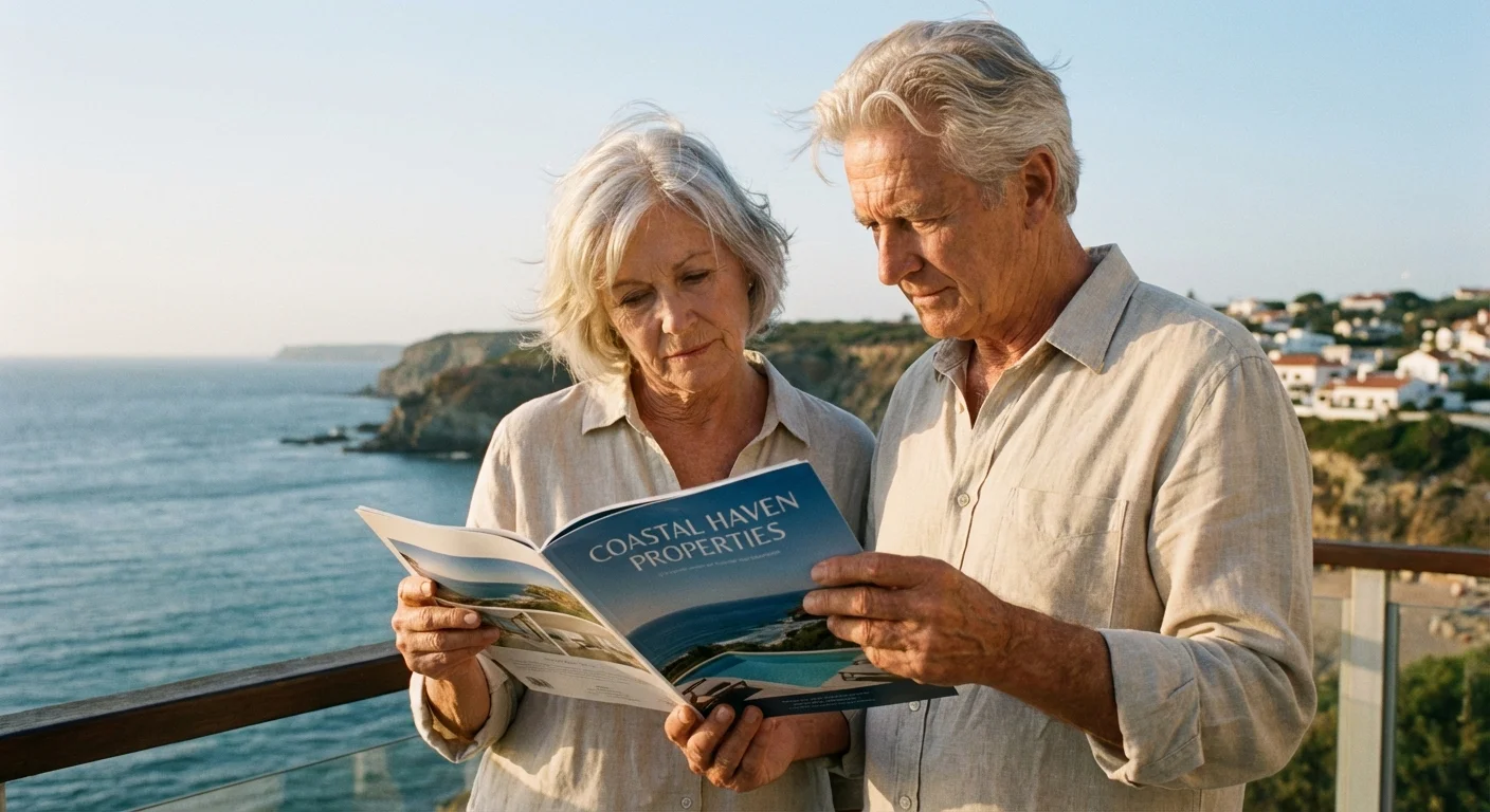 A retired couple thoughtfully examines a real estate brochure while overlooking the ocean.