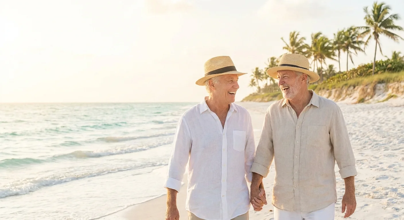 A retired couple walking on a sunny Florida beach at sunset.