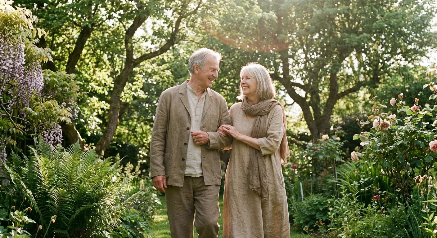 A retired couple walking together in a beautiful garden during golden hour.