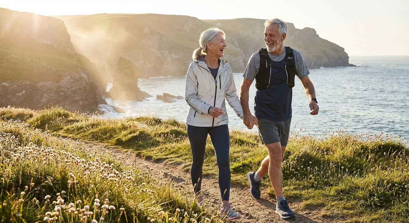 A retired couple walking together on a coastal path.