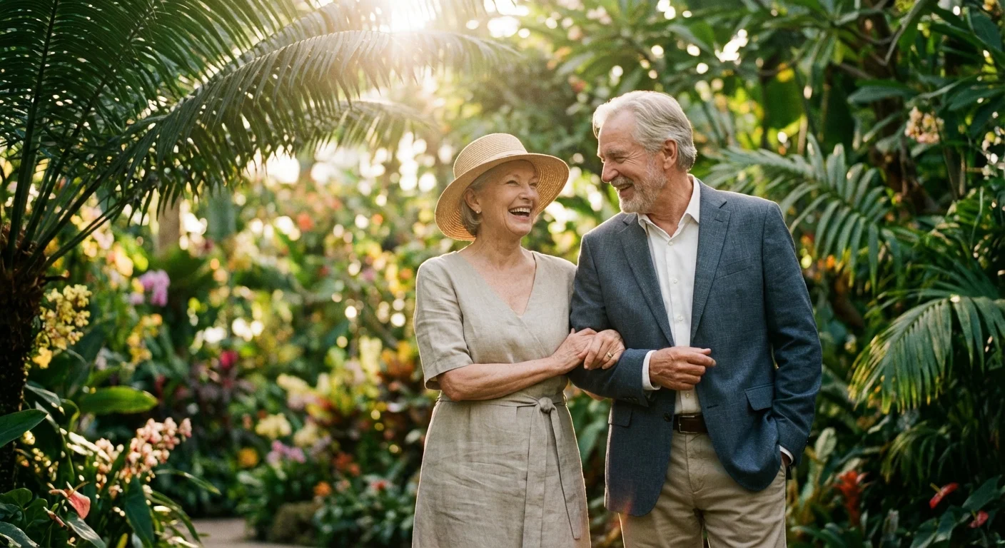A retired couple walks together through a beautiful sunlit garden.