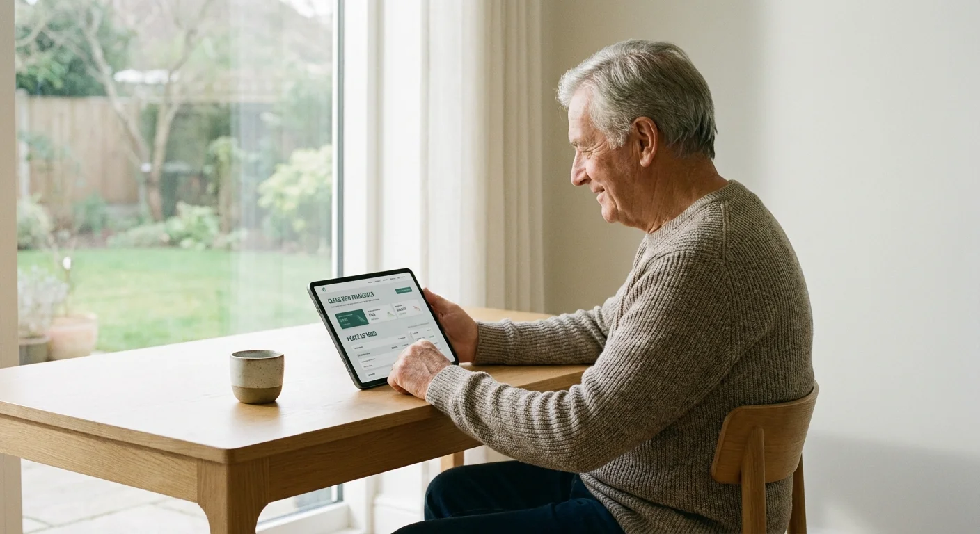 A retired man calmly reviews his finances on a tablet in a clean, sunlit home office.