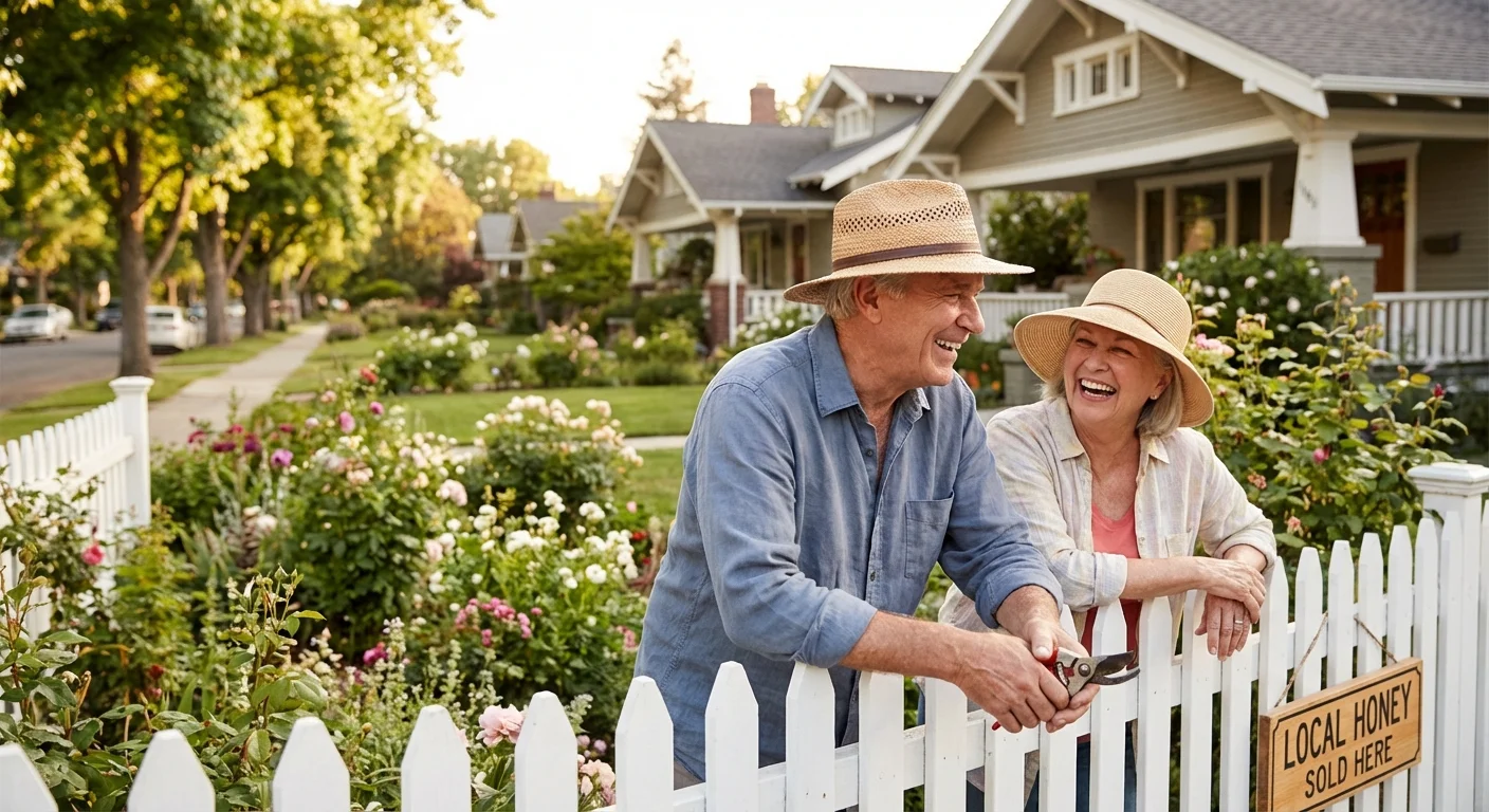 A retired man chats with a neighbor over a fence in a sunny, pleasant neighborhood.
