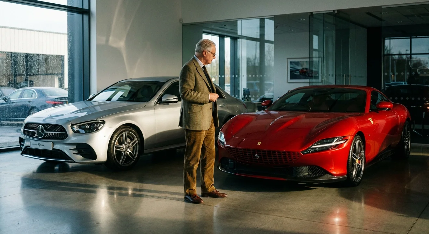 A retired man comparing a practical car to a luxury sports car at a dealership.
