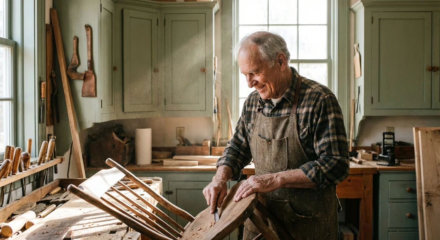 A retired man happily working on a woodworking project in his bright home workshop.