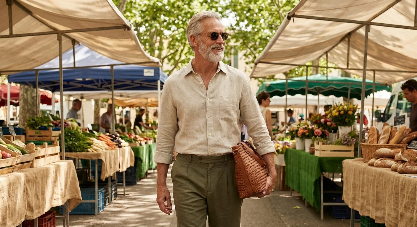 A retired man in casual linen clothes at a market, showing the shift away from expensive work attire.