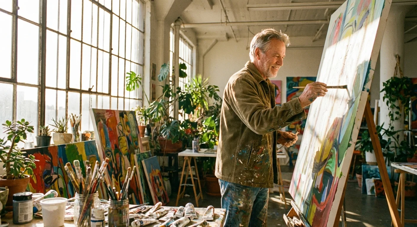 A retired man painting in a sunlit art studio.