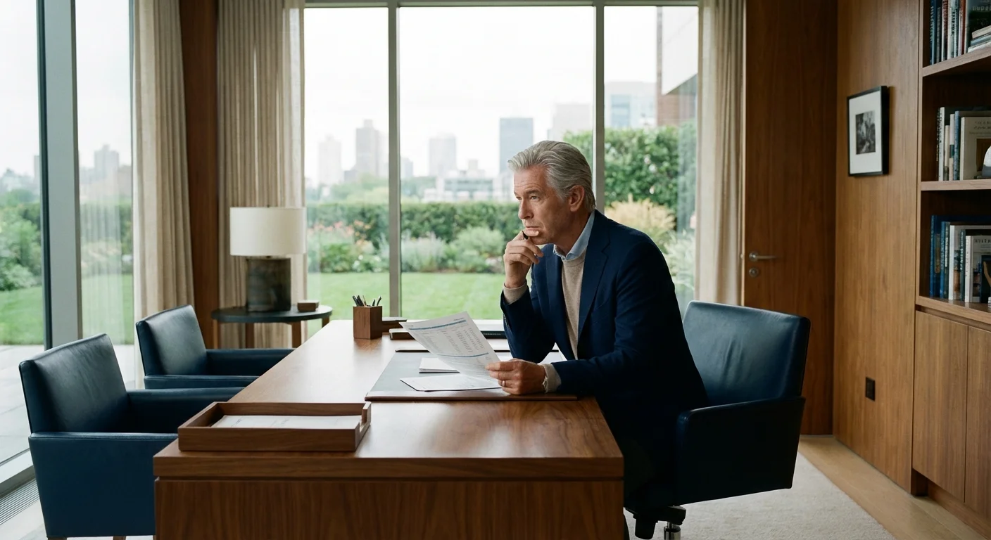 A retired man reviews financial paperwork in a bright, high-end home office.