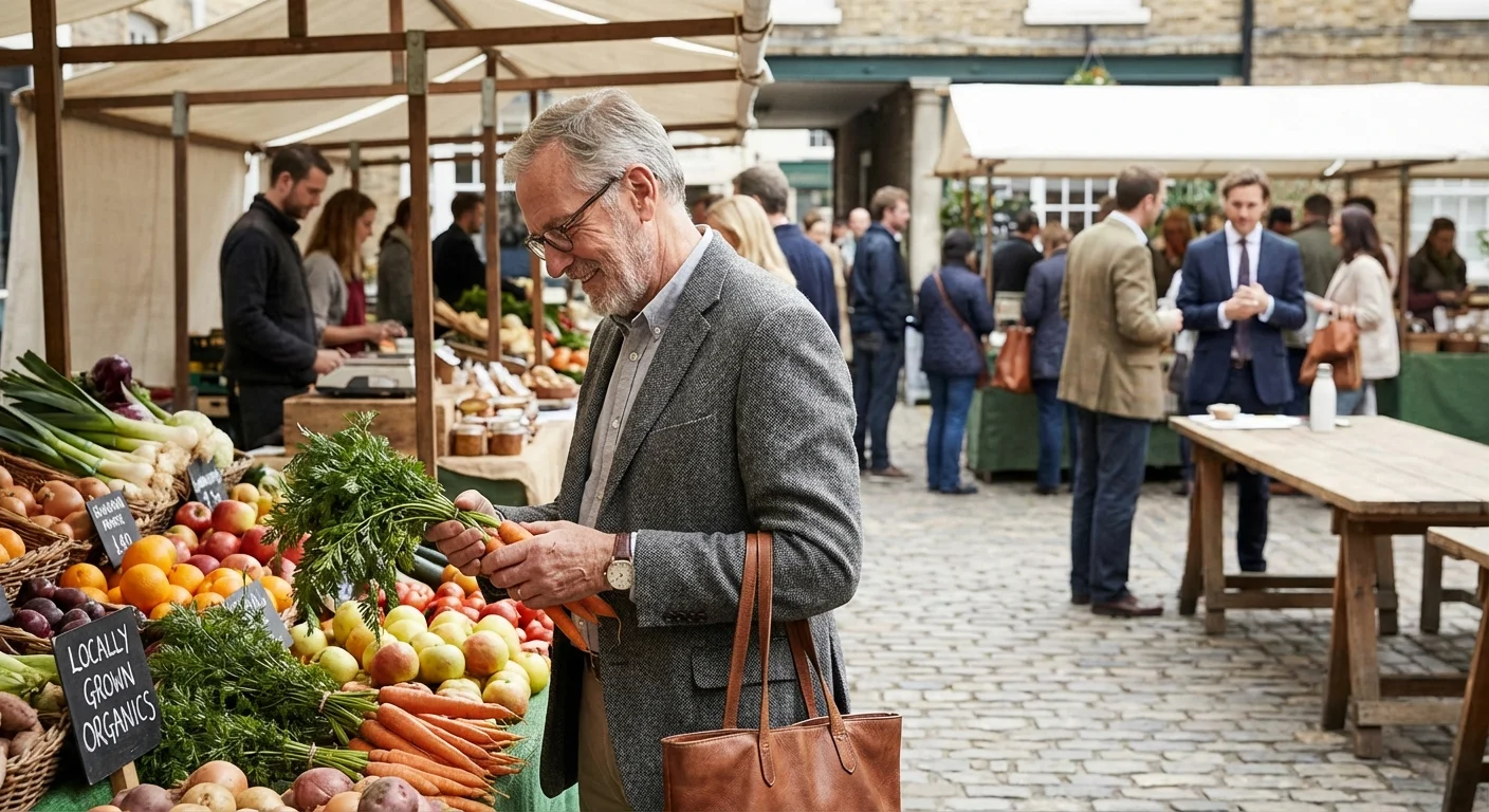 A retired man shopping at a high-end outdoor market, representing purchasing power.
