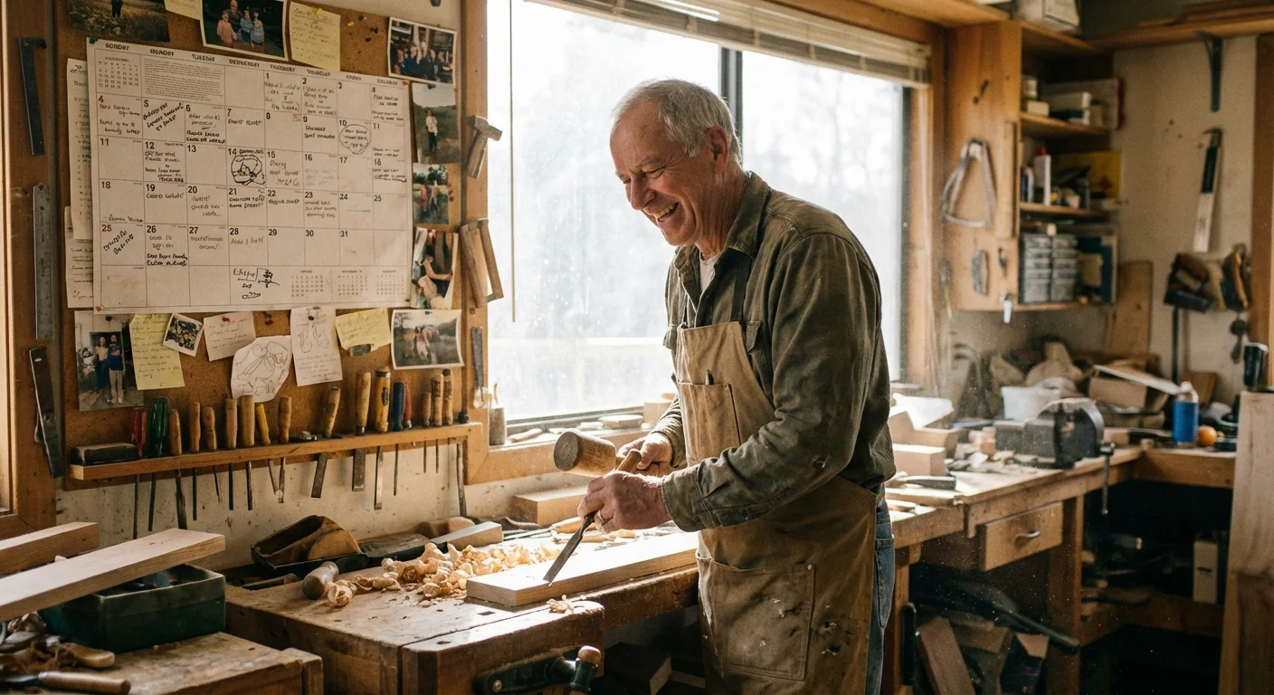 A retired man working in a woodworking shop with a busy calendar in the background.