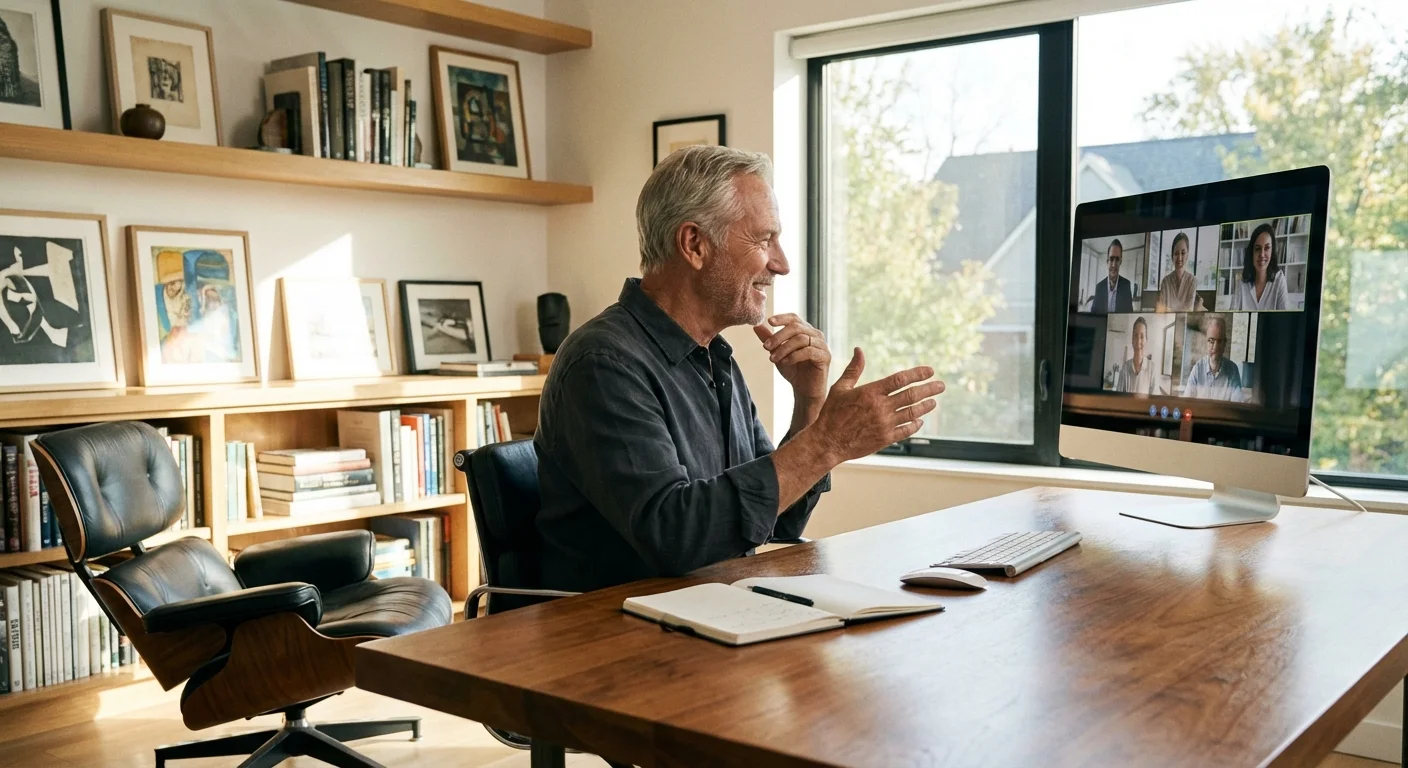 A retired professional conducting a consulting call from a home office.