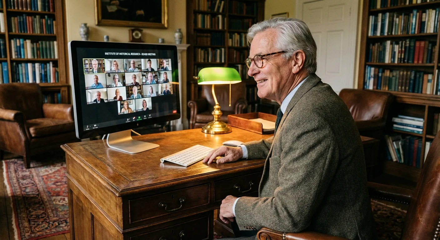 A retired professional consulting via video call from a high-end home office.