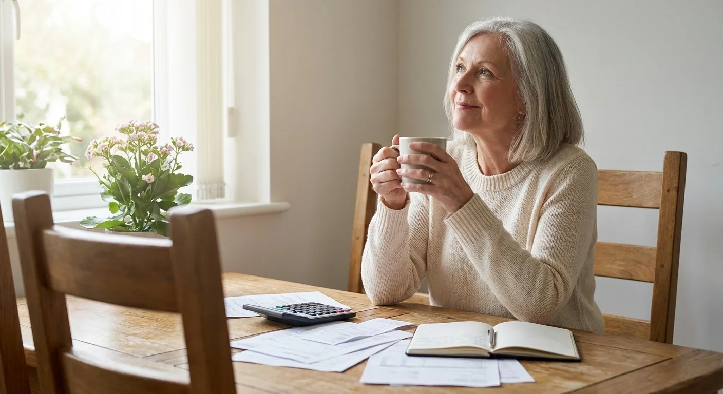 A retired woman calmly reviewing financial papers at a sunlit wooden table.