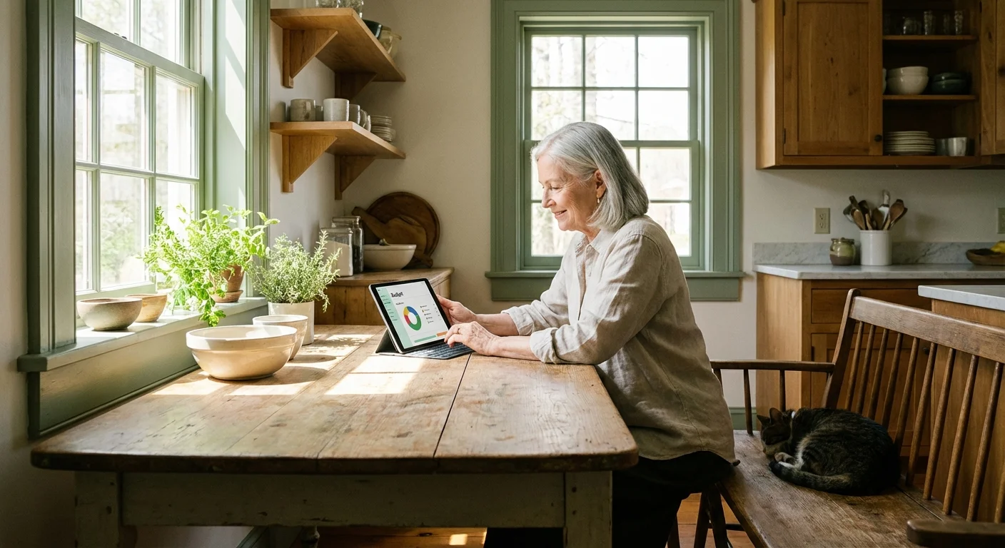 A retired woman calmly reviews her finances on a tablet in a bright, modern kitchen.
