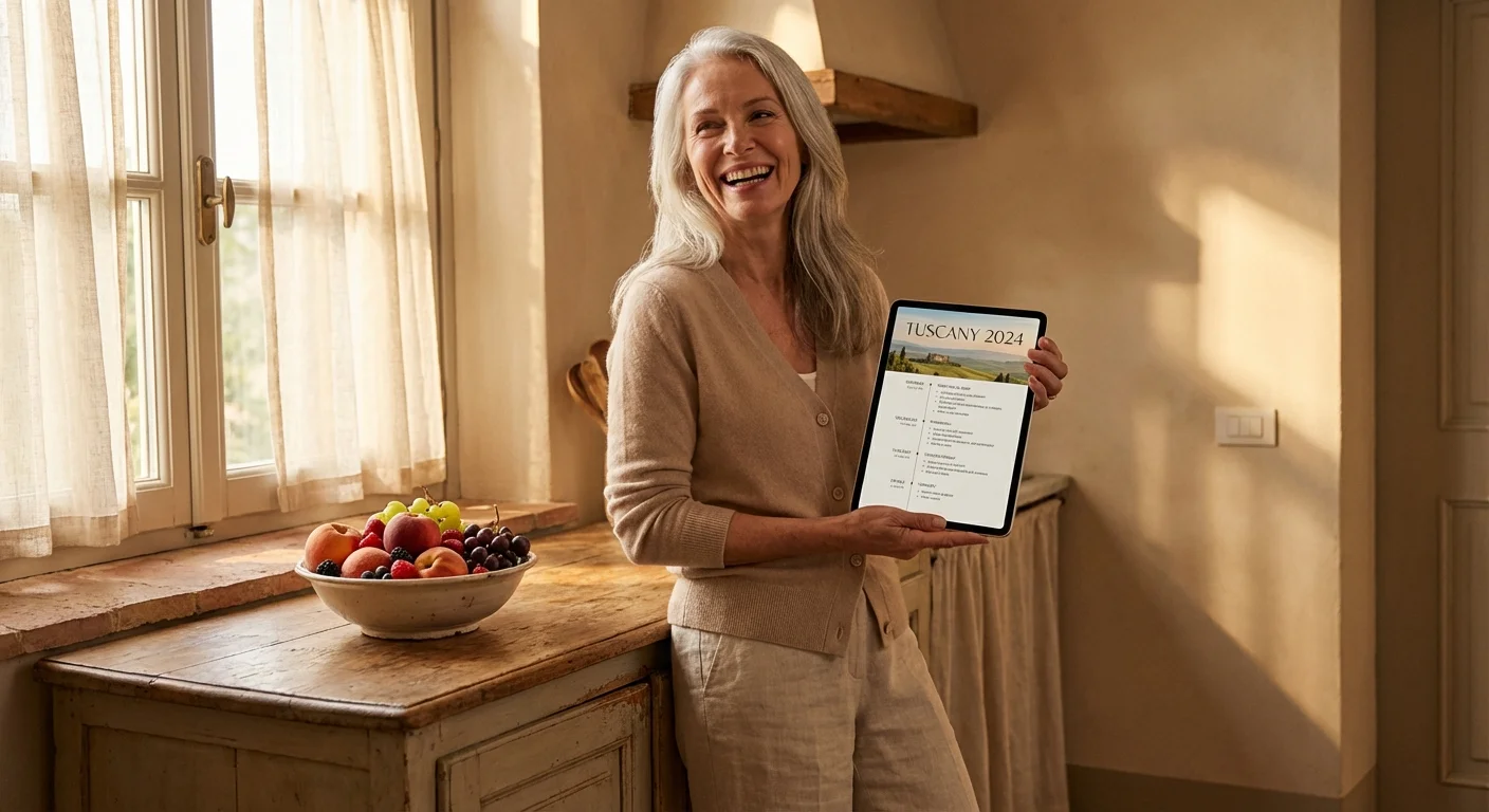 A retired woman happily planning a trip on her tablet in a bright kitchen.