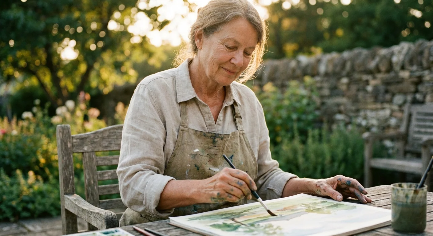 A retired woman painting on a canvas, focusing on one single creative activity.
