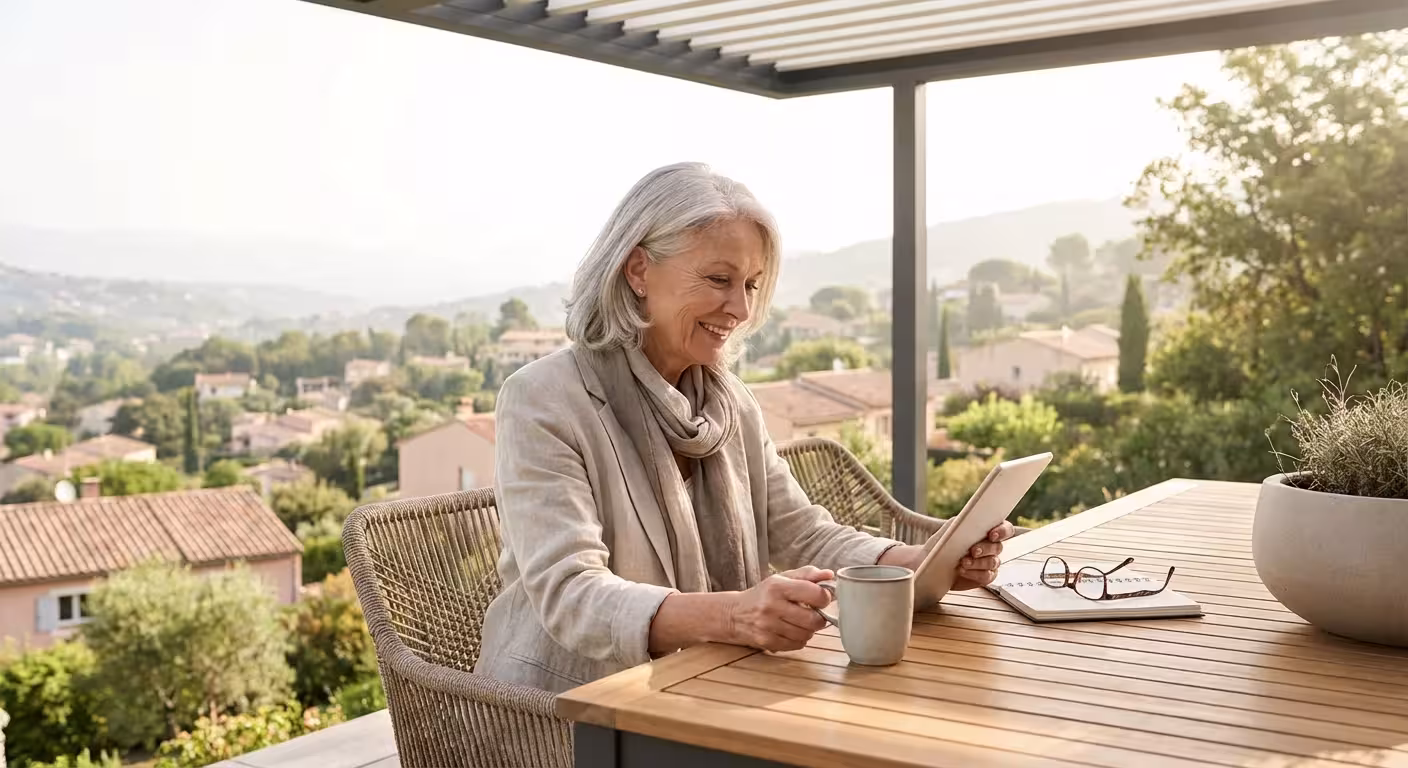 A retired woman planning her future while enjoying a morning coffee on a scenic outdoor patio.