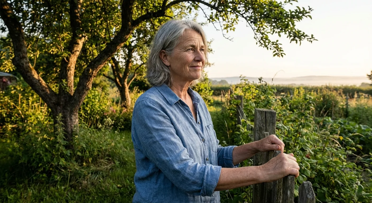 A retired woman standing in a garden looking thoughtful.
