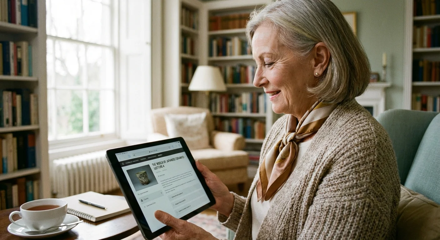 A retired woman using a tablet to learn something new in her home library.
