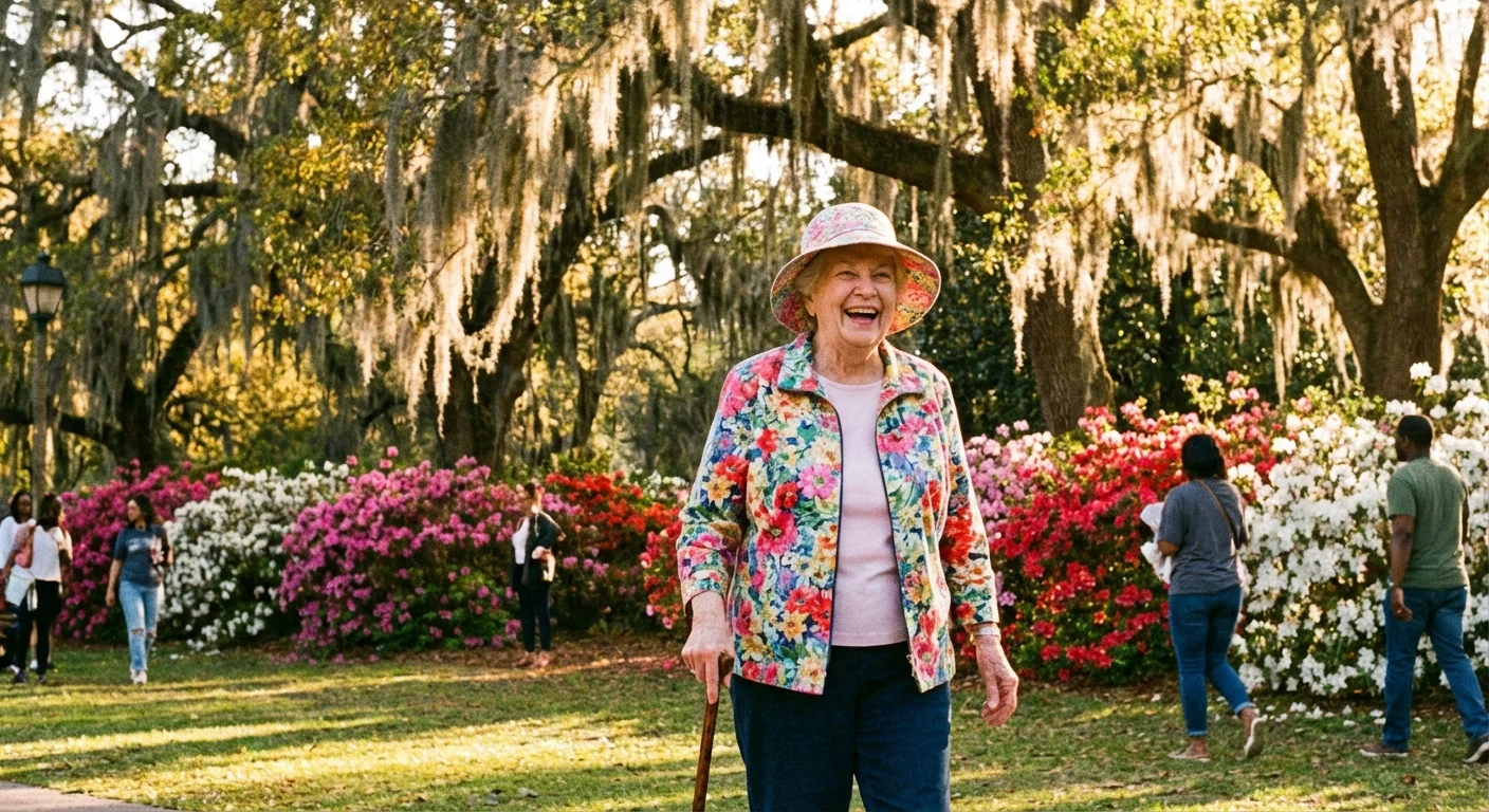 A retired woman walking through a sunny, blooming park in a Southern town.