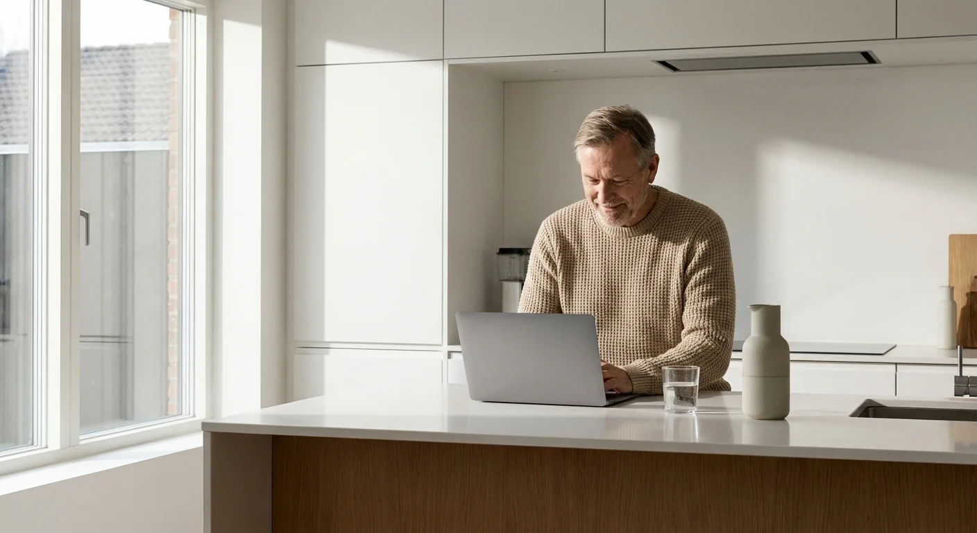 A retiree calmly managing his monthly budget on a laptop in a bright kitchen.