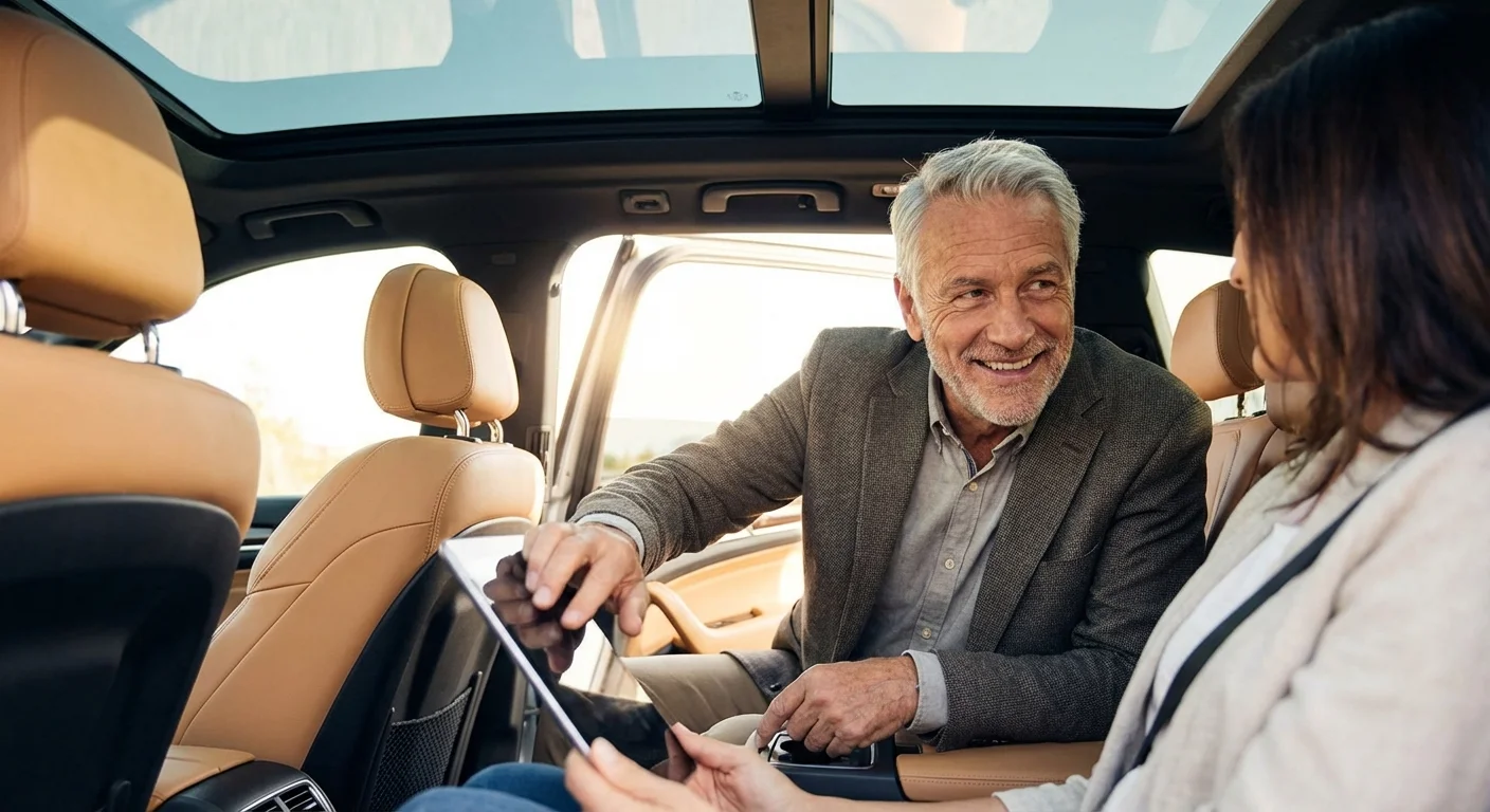 A retiree driver smiling in a well-lit car interior, representing transport services.