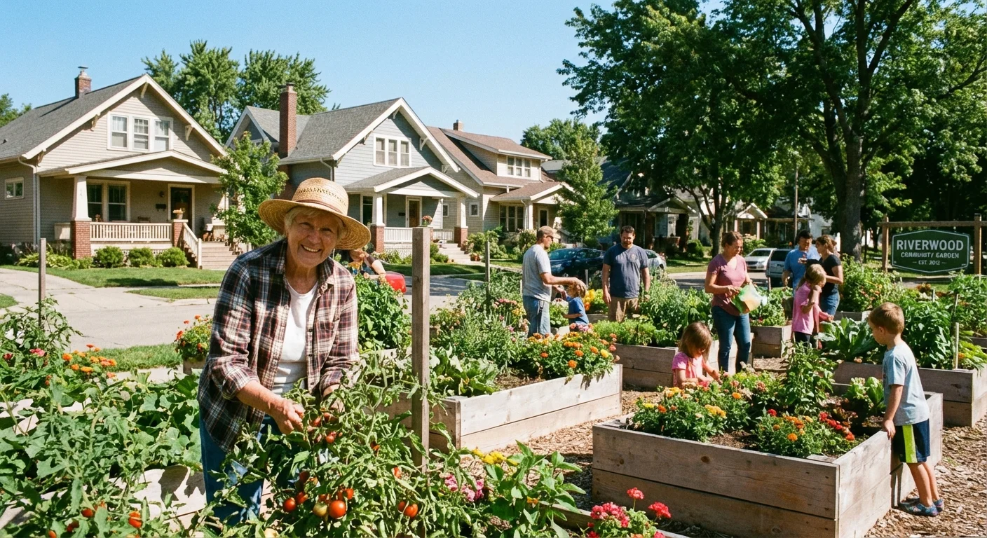 A retiree gardening in a friendly Midwestern neighborhood.
