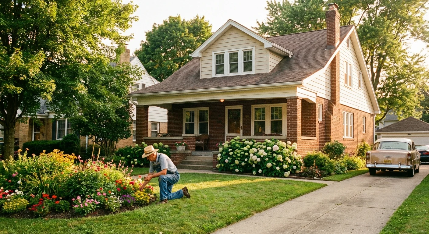 A retiree gardening in front of a modest, well-kept home in Youngstown, Ohio.