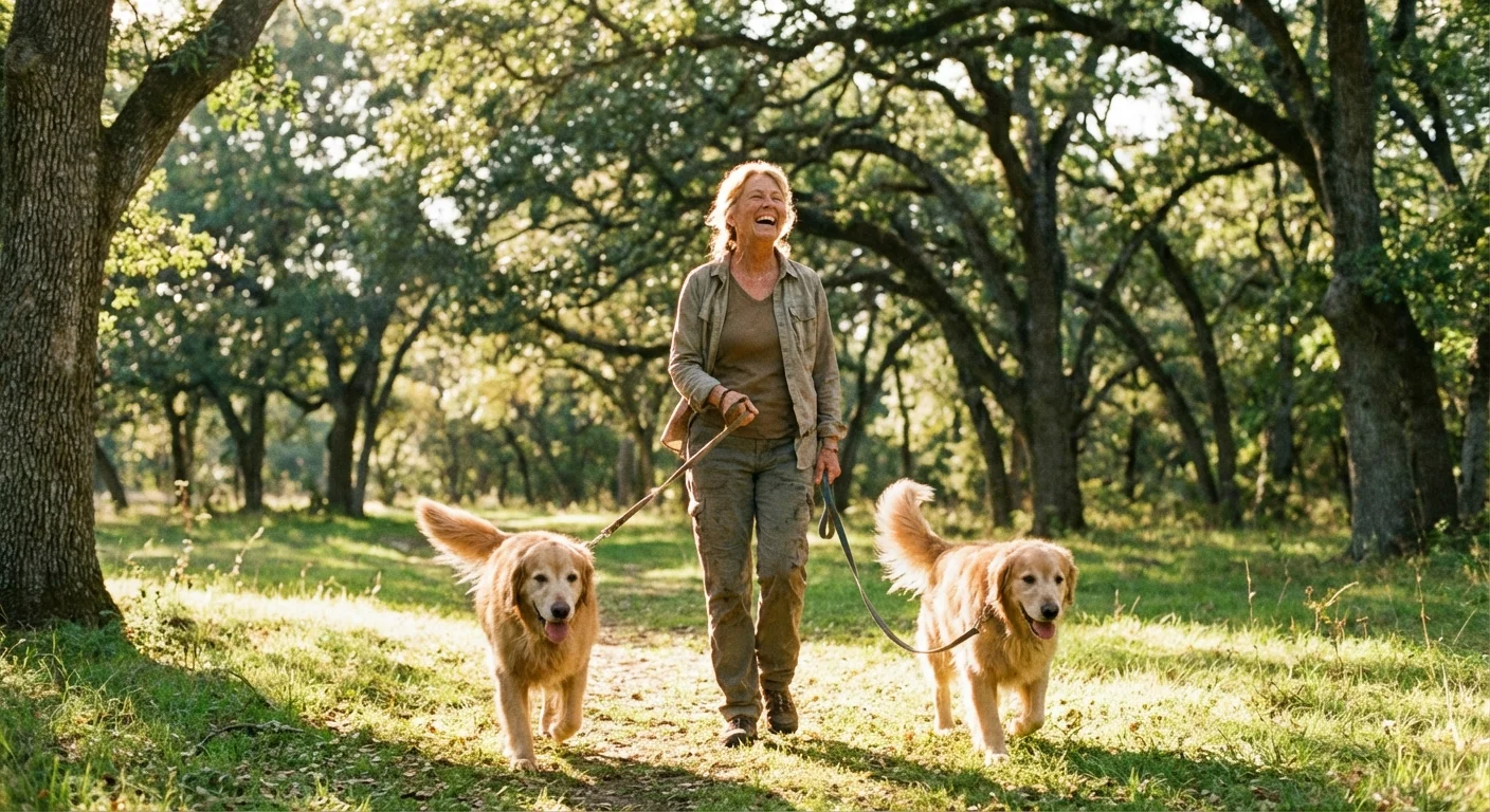 A retiree happily walking dogs in a sunlit public park.