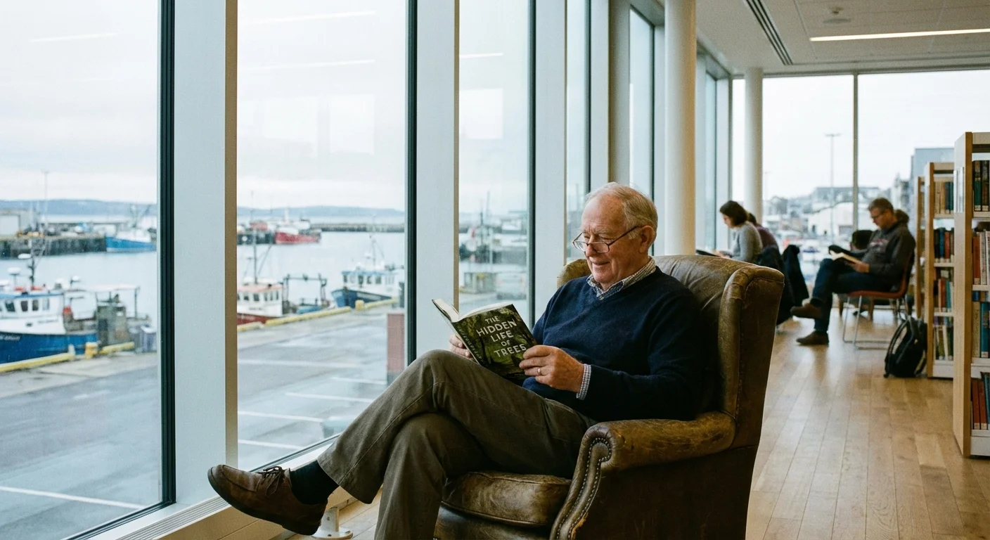 A retiree reading near a window with a view of the water.