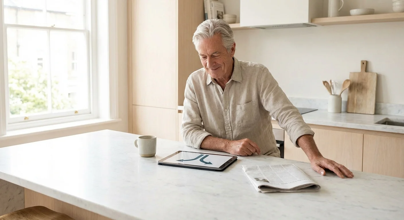 A retiree reviewing options on a tablet in a modern kitchen.
