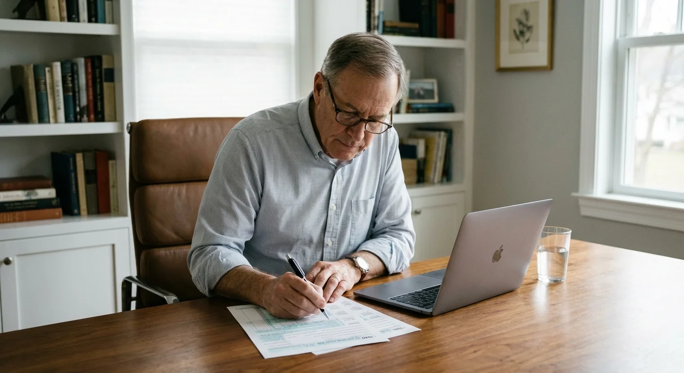 A retiree reviewing tax documents in a modern home office.