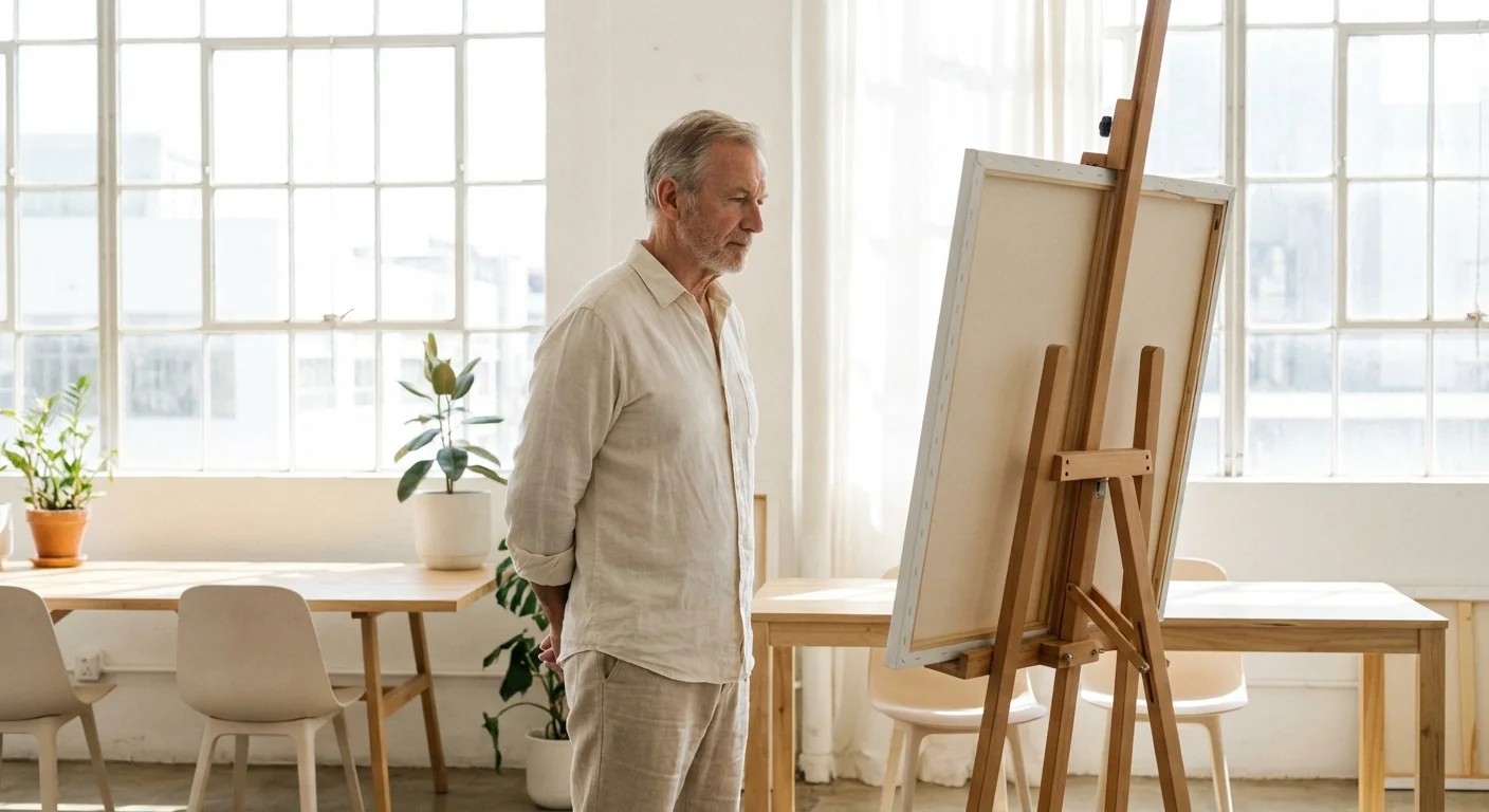 A retiree stands before a blank canvas in a bright, minimalist art studio.