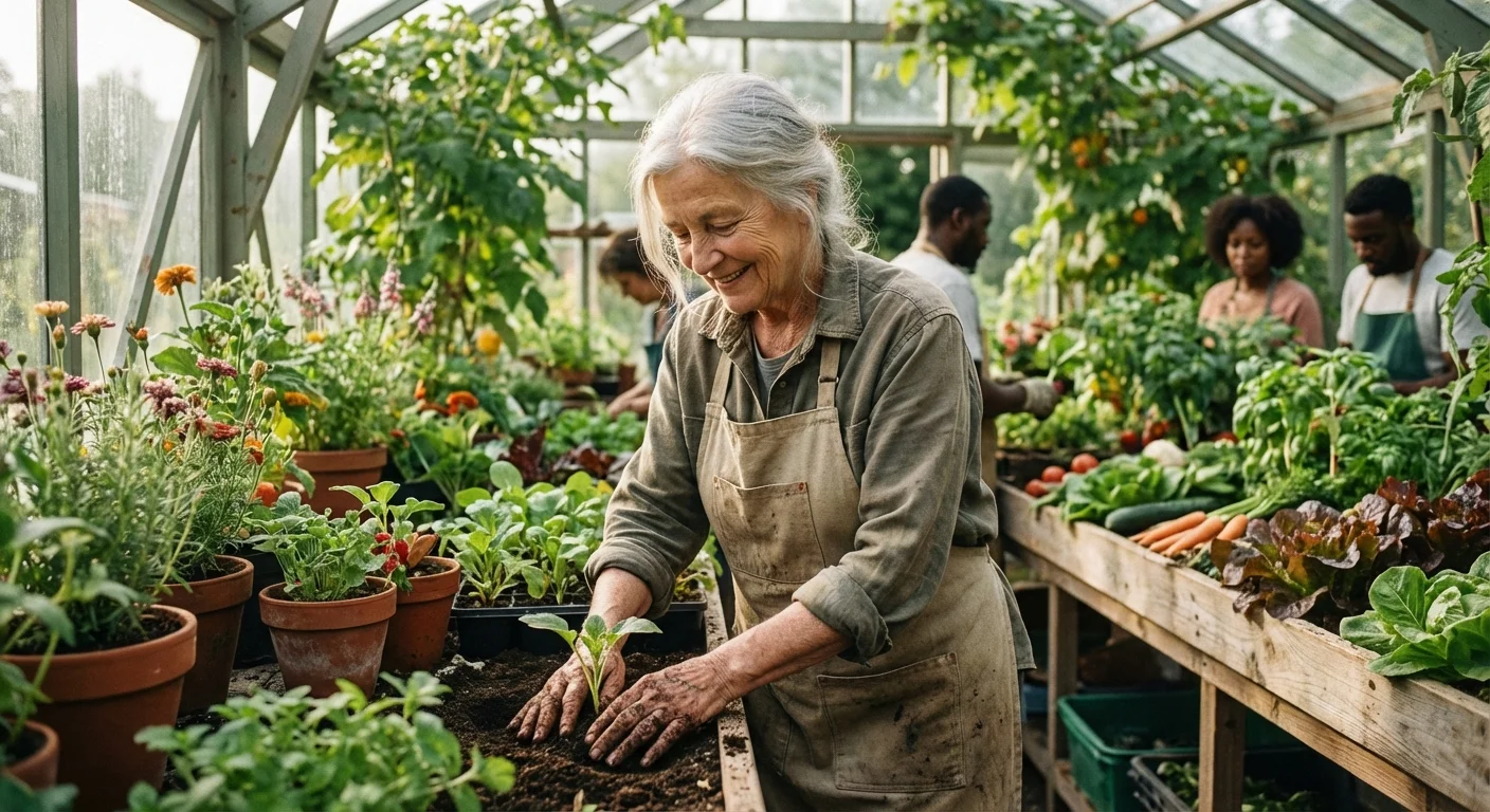 A retiree tending to plants in a bright, glass-walled greenhouse.