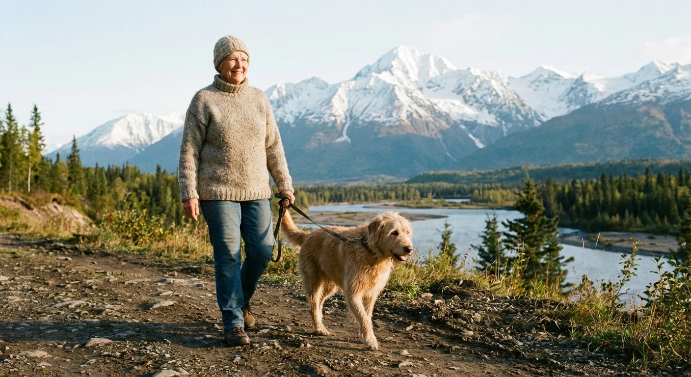 A retiree walking her dog with the Alaskan mountains in the background.