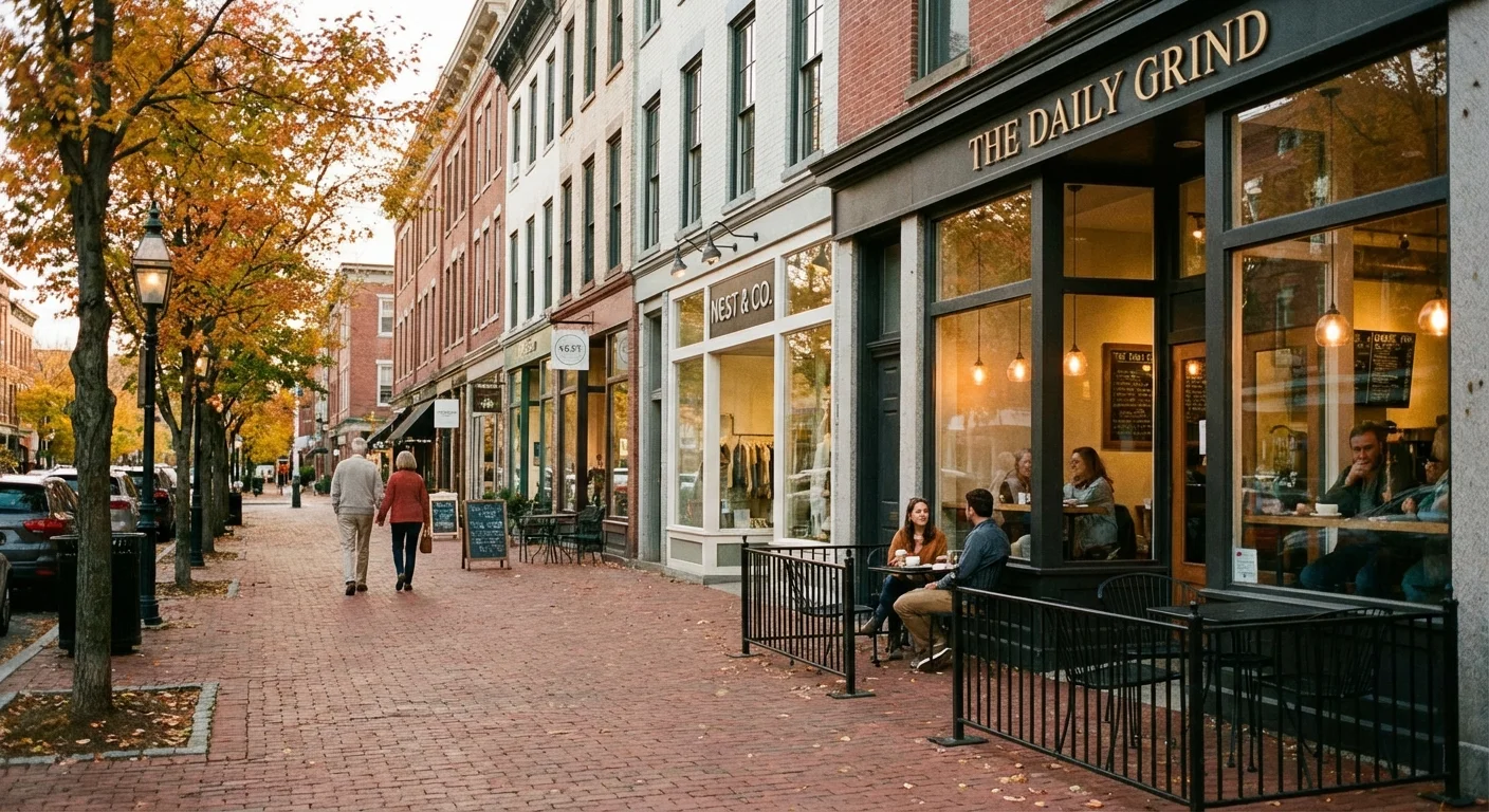 A revitalized historic downtown street in a budget-friendly Northeast city.