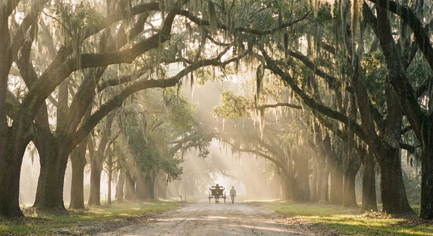 A road covered by a canopy of large oak trees and Spanish moss.
