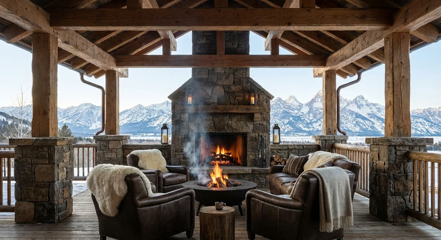 A rustic porch overlooking snow-capped mountains in Wyoming.