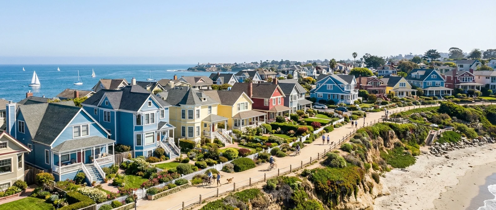 A scenic view of a peaceful coastal retirement community with a walking path.