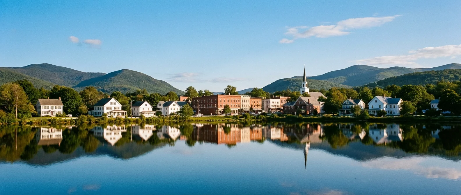 A scenic view of a small town with historic buildings located near mountains and water.
