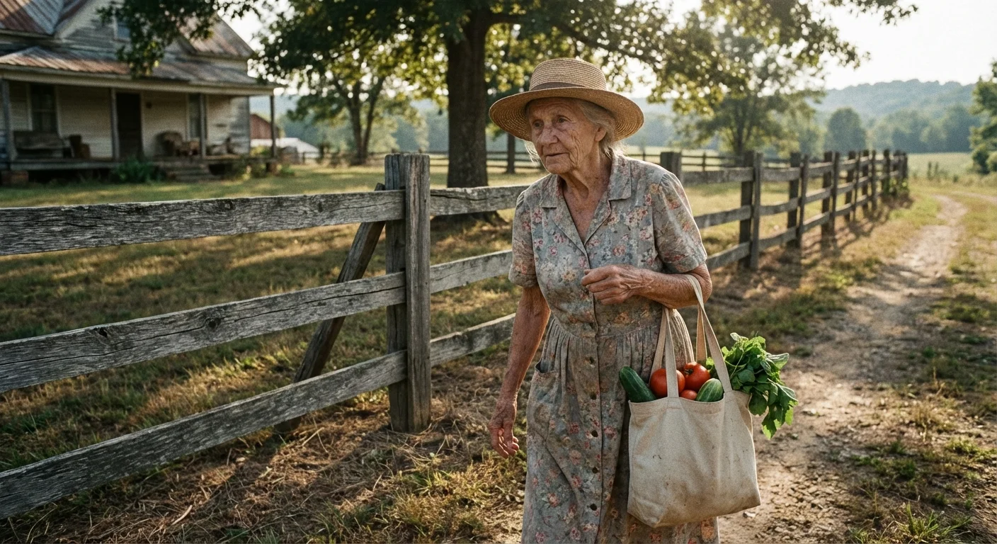 A senior carrying a small bag of groceries in a rural setting.