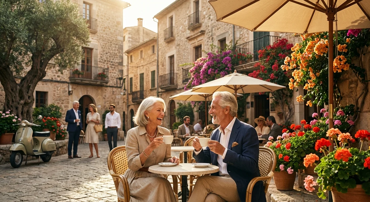 A senior couple at a sun-drenched European outdoor cafe with historic buildings.