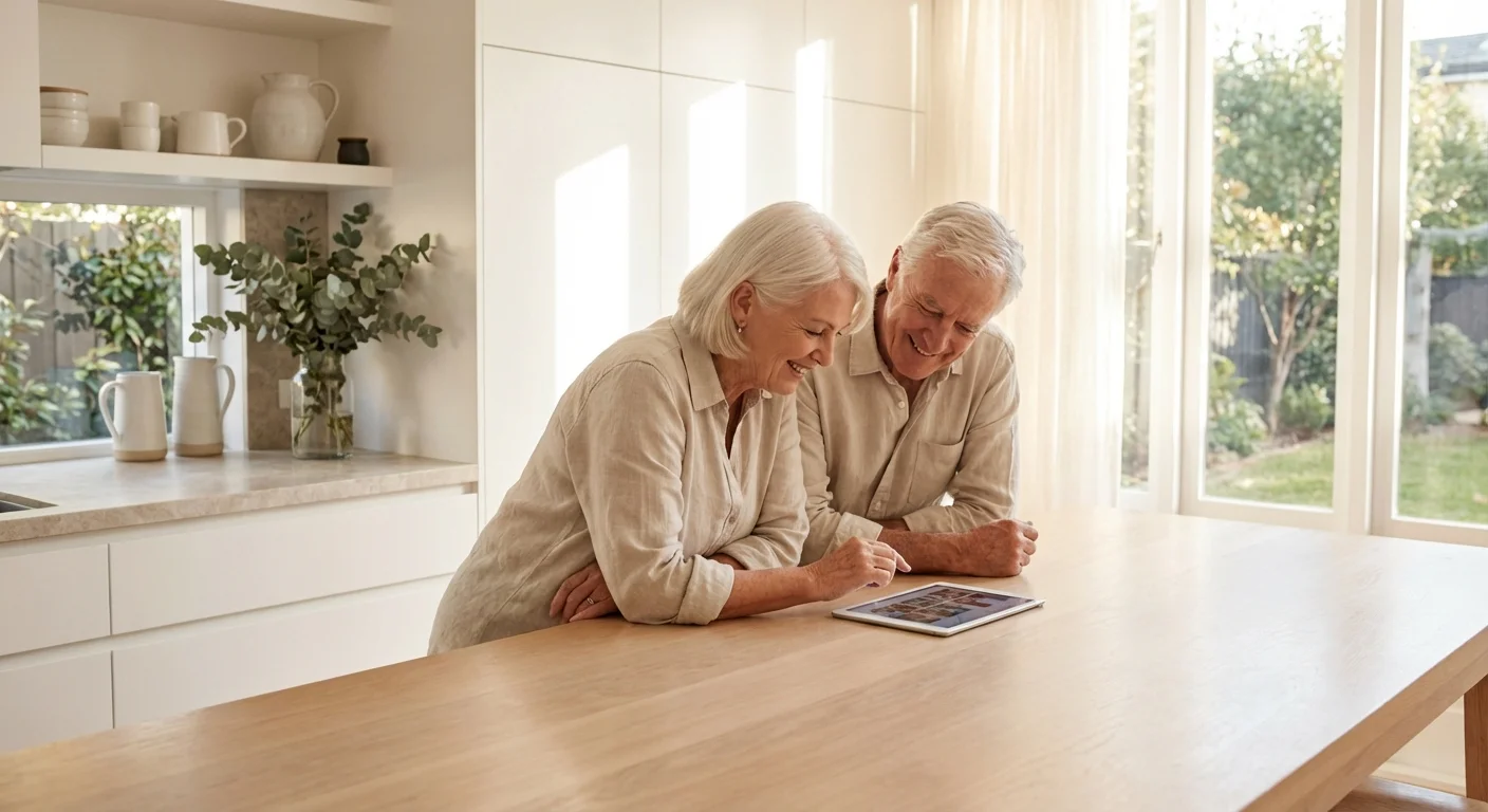 A senior couple calmly reviewing their retirement budget on a tablet in a sunlit kitchen.