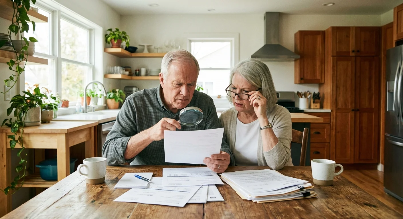 A senior couple carefully examining financial documents at a sunlit kitchen table.